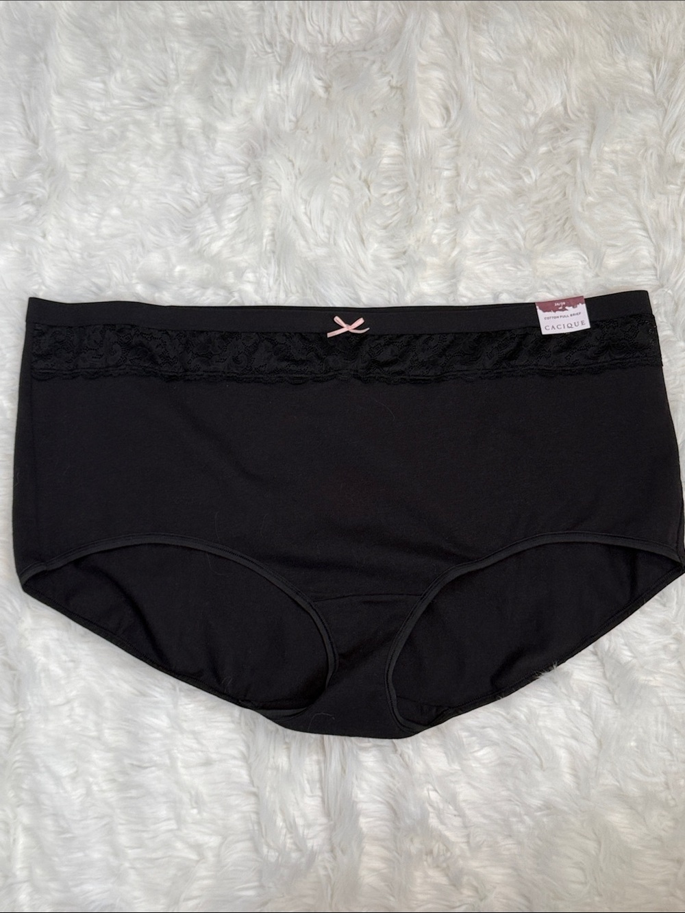 Women's Cacique Cotton Full Brief Black with Lace Accents Size 26/28 NWT